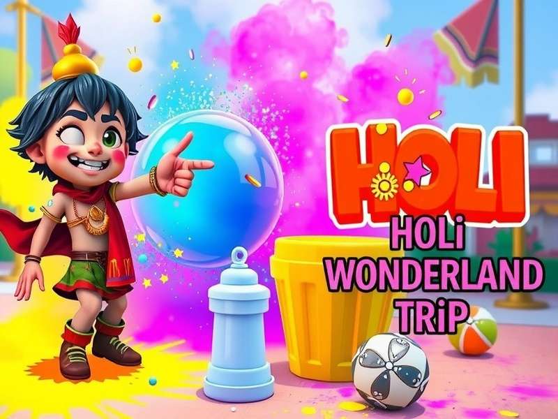 Holi Wonderland Trip game screenshot showing colorful festival scene